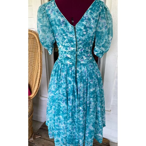 Vintage 1950d Floral  Blue Dress With Puff Sleeves Tulle Puff Skirt Sz Small - Picture 4 of 16